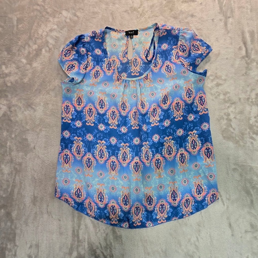 Love J Blue Orange Paisley Ombre Short Sleeve Scoop Neck Blouse Top Medium